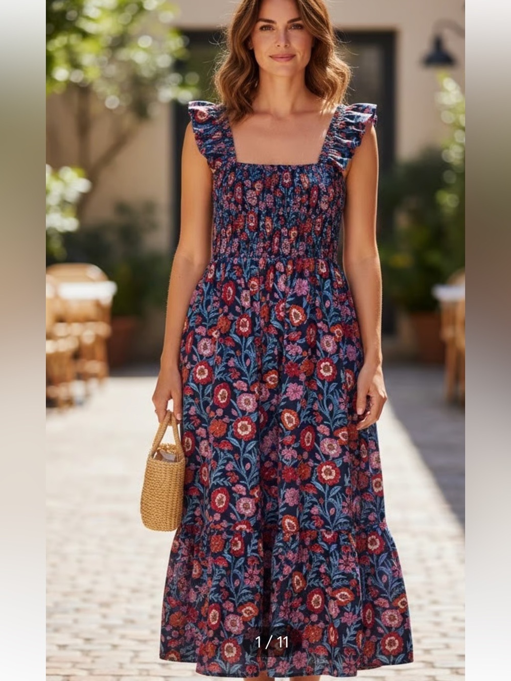 Vineyard Vines Navy Floral Smocked Maxi Dress with Red Blooms Sz L